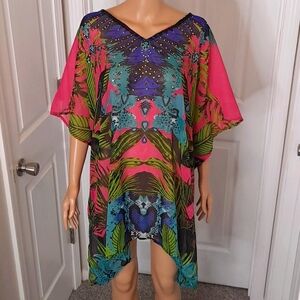 Floral V-Neck Sheer Swimsuit Cover-Up with Bling Accents